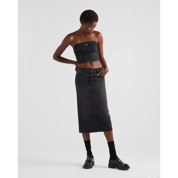 Prada Black Long Denim Midi Skirt Button Fly Size 4 US EUC - Picture 1 of 16